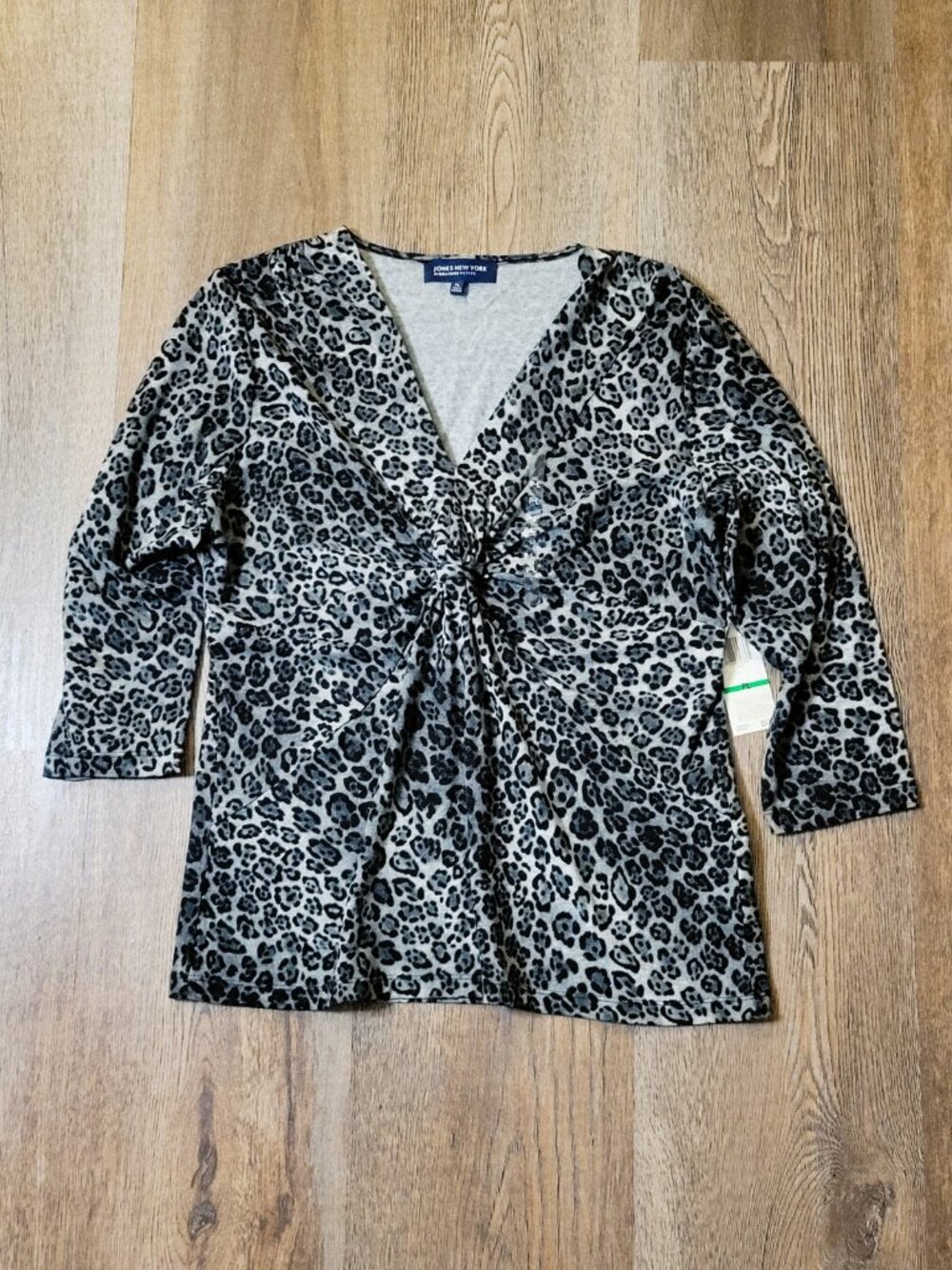 Jones NY Gathered Front Shirt Women's Petite Large Jaguar 3/4 Sleeve Gray Black